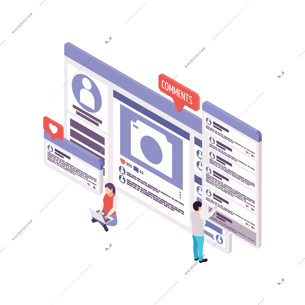 Blogging isometric concept with people reading and posting comments 3d vector illustration