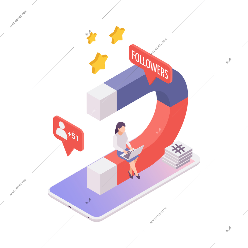 Isometric blogging concept with magnet for attracting followers 3d vector illustration