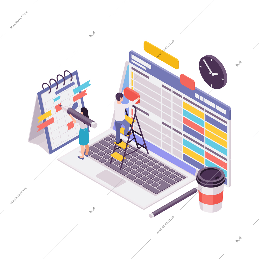 Blogging isometric concept with content plan making process 3d vector illustration
