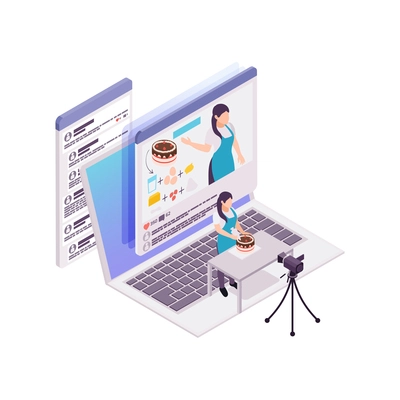 Culinary vlogging isometric concept with computer camera woman and cake 3d vector illustration