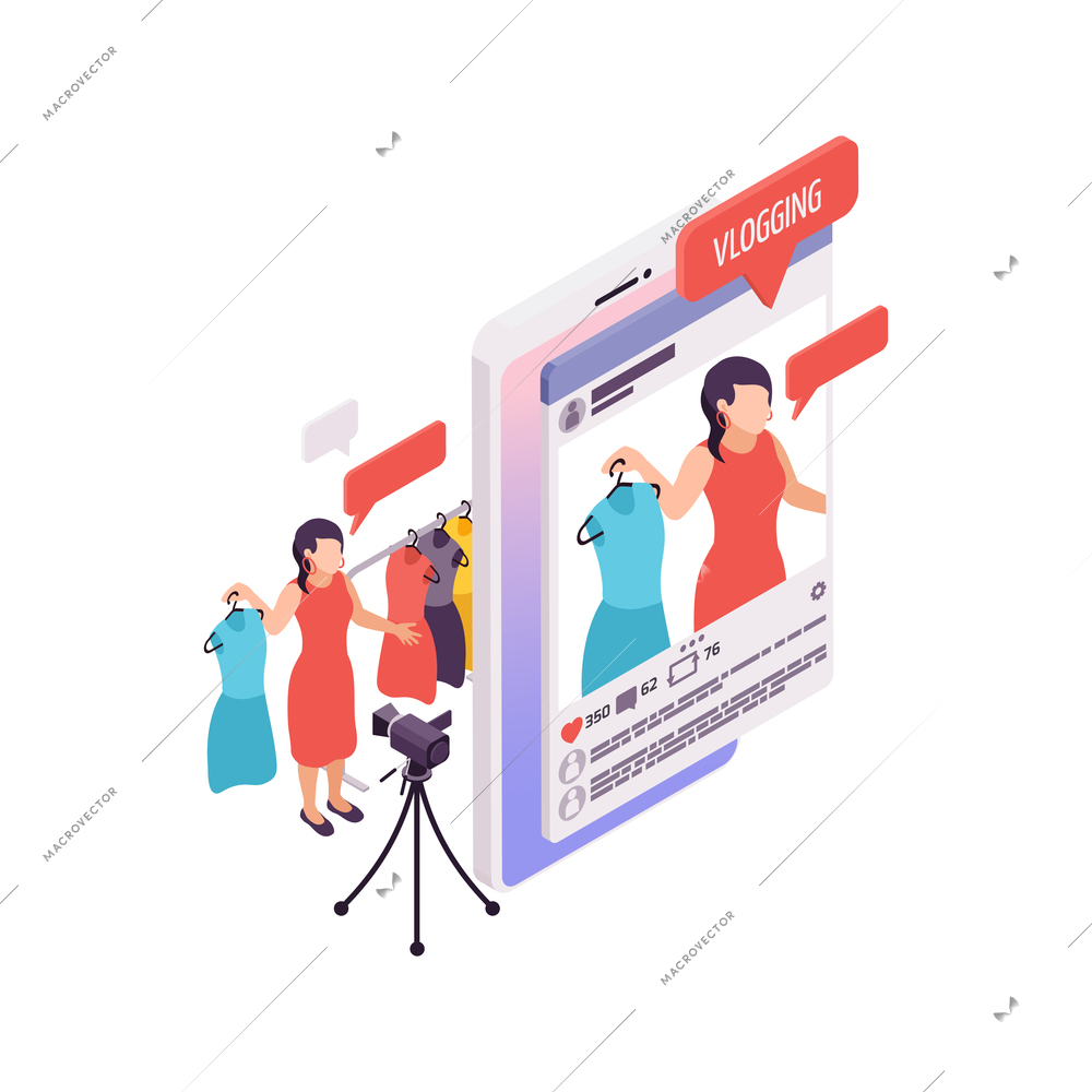 Vlogging isometric concept with woman making fashion video 3d vector illustration