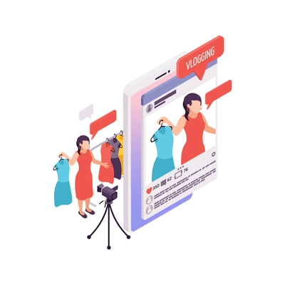 Vlogging isometric concept with woman making fashion video 3d vector illustration