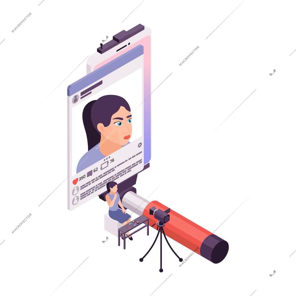 Woman shooting video for beauty blog 3d isometric vector illustration