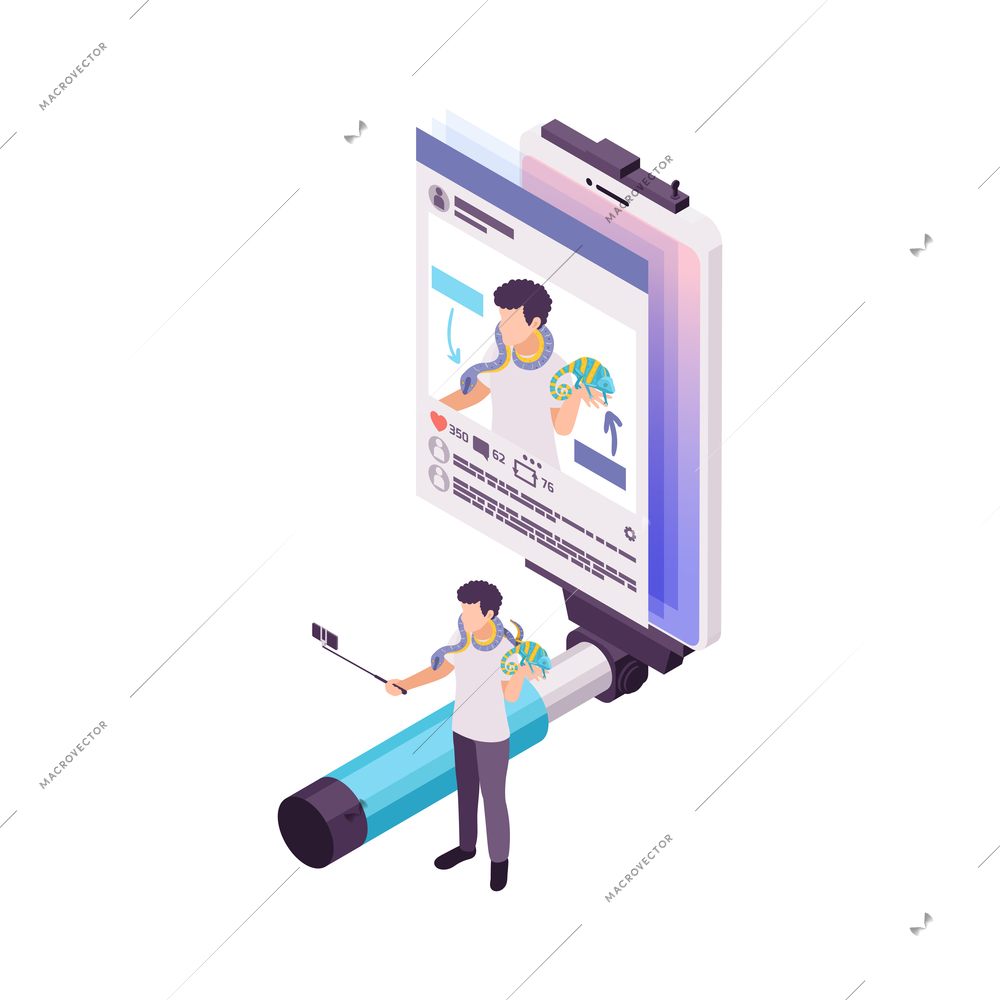 Vlogging isometric concept with person making video about animals 3d vector illustration