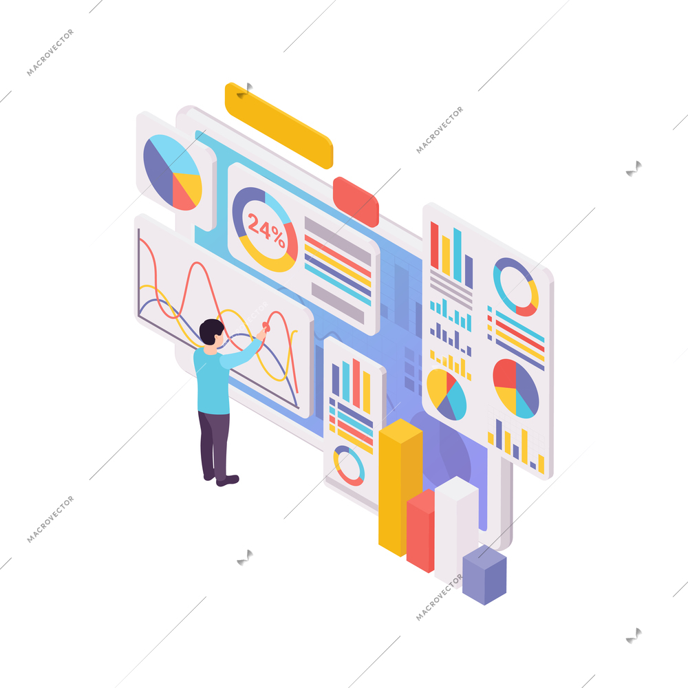 Blogging concept with human character graphs and diagrams 3d isometric vector illustration