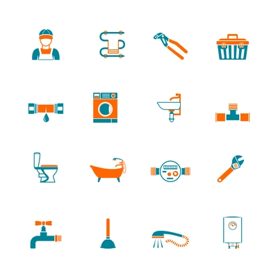 Plumbing service water fixtures toolbox icons set isolated vector illustration