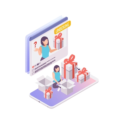 Making video for unboxing blog isometric concept 3d vector illustration