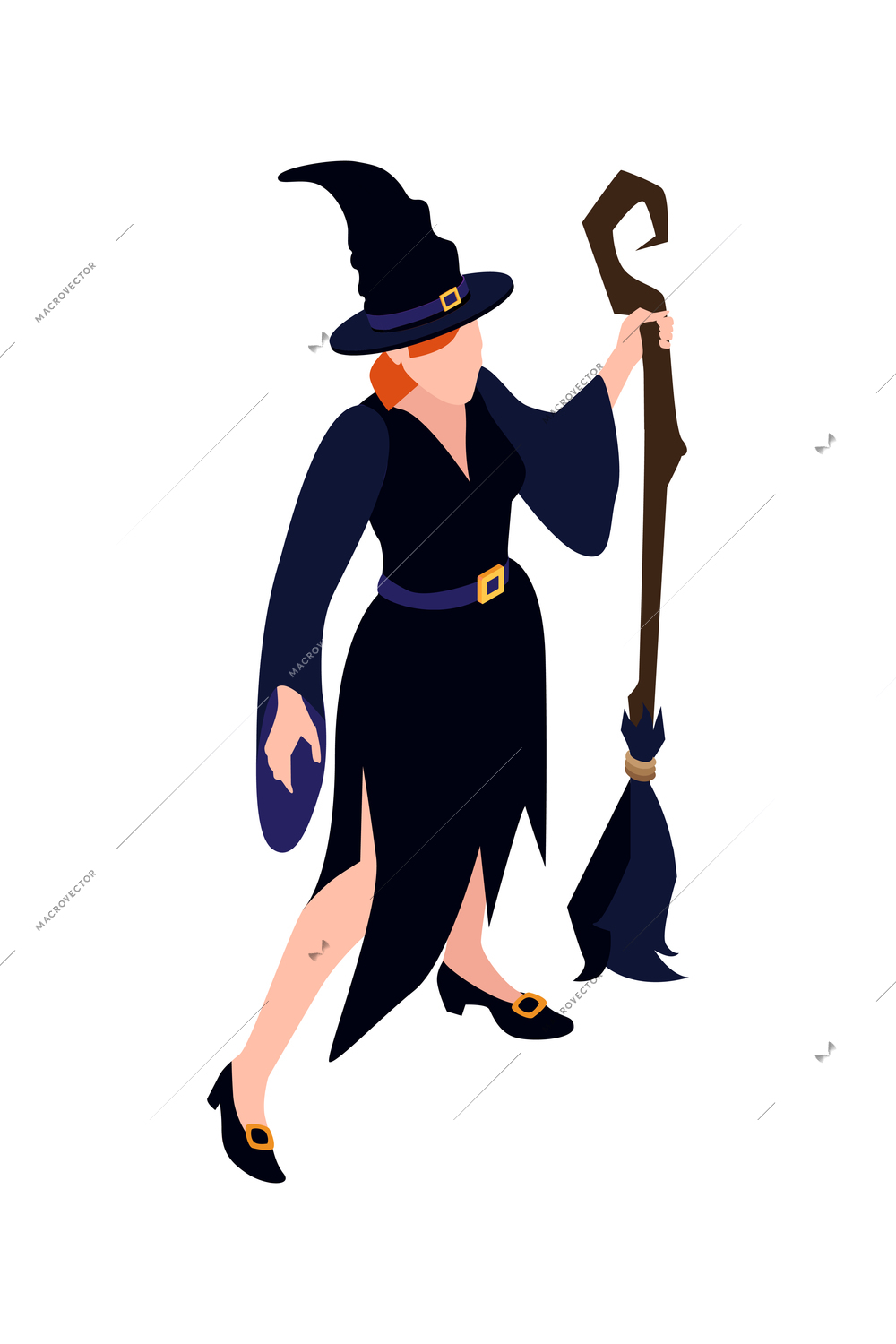 Female character in black halloween costume of witch 3d isometric vector illustration