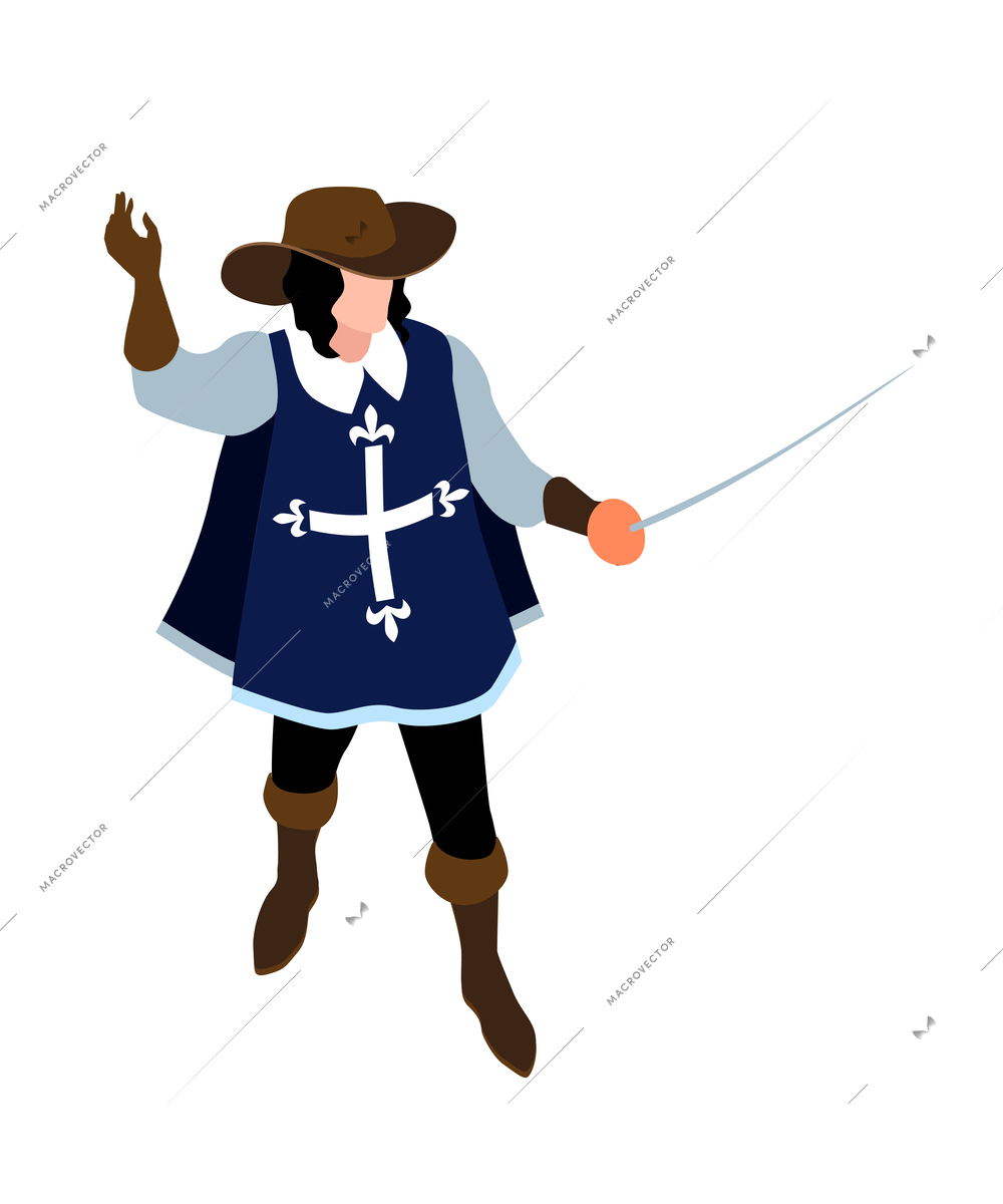 Man in musketeer carnival costume on white background 3d isometric vector illustration