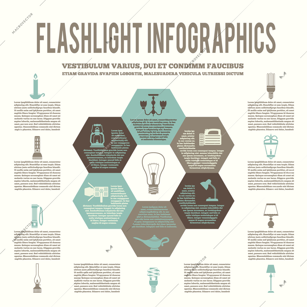 Flashlight and lamps energy saving flat hexagon infographic vector illustration