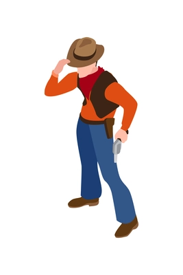 Isometric 3d clipart with man with pistol wearing party cowboy costume vector illustration