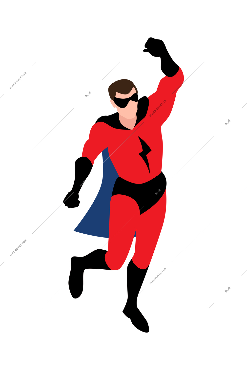 Isometric clipart with man in superhero costume at party 3d vector illustration