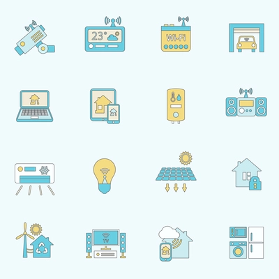 Smart home automation technology security control icons flat line set isolated vector illustration