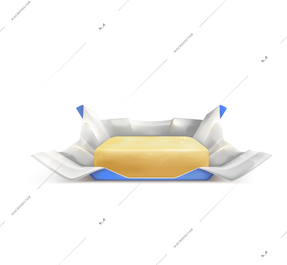 Realistic unwrapped butter on packaging paper vector illustration