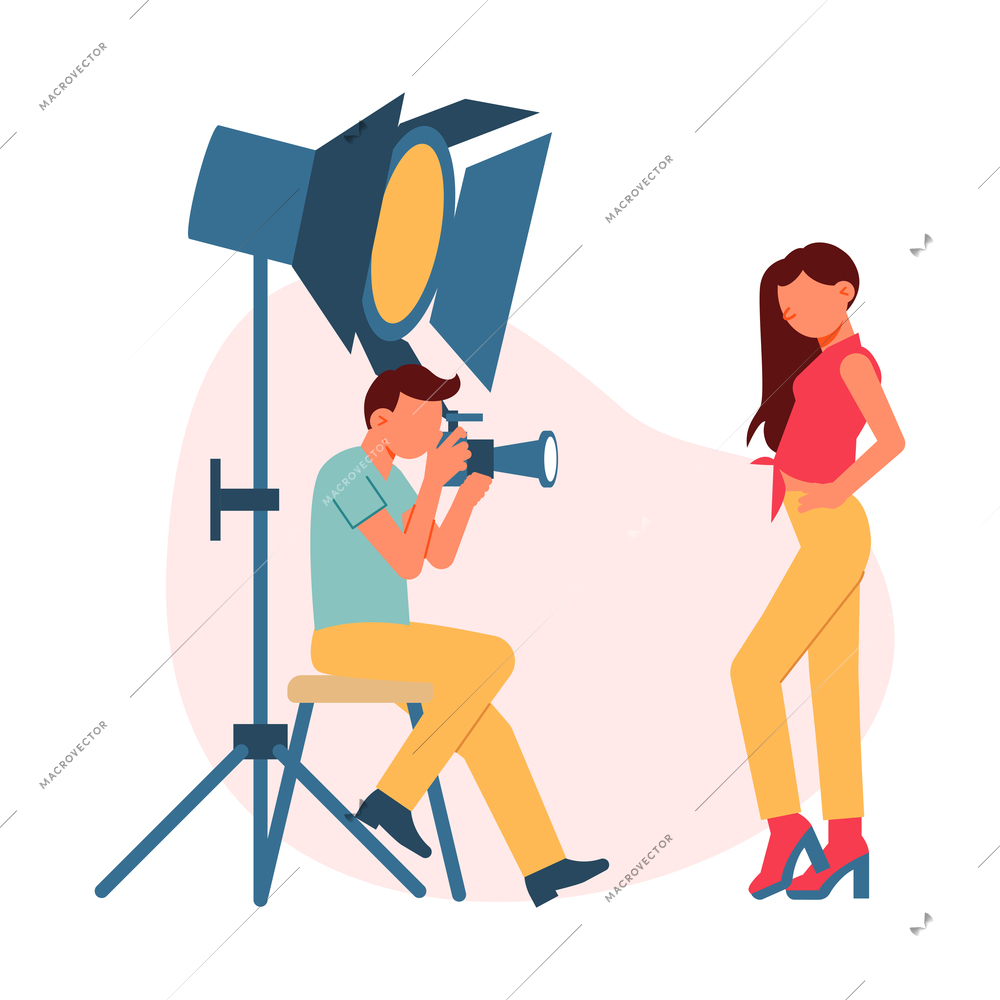 Male photographer taking photo of model in studio flat vector illustration