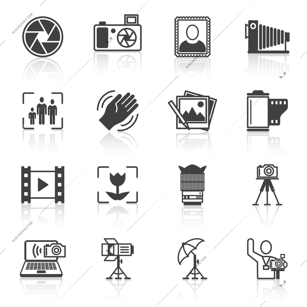 Photography equipment camera photo icons black isolated vector illustration