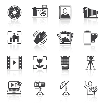 Photography equipment camera photo icons black isolated vector illustration