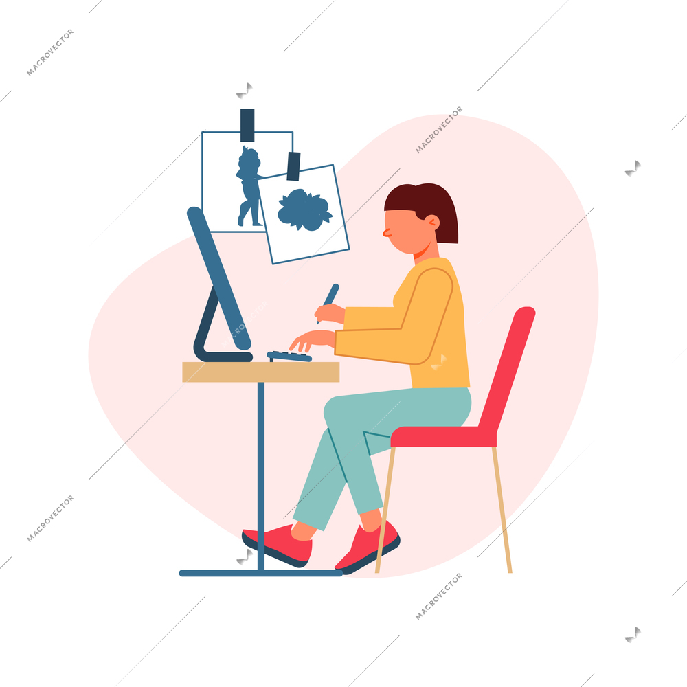 Creative profession composition with web designer working on computer flat vector illustration