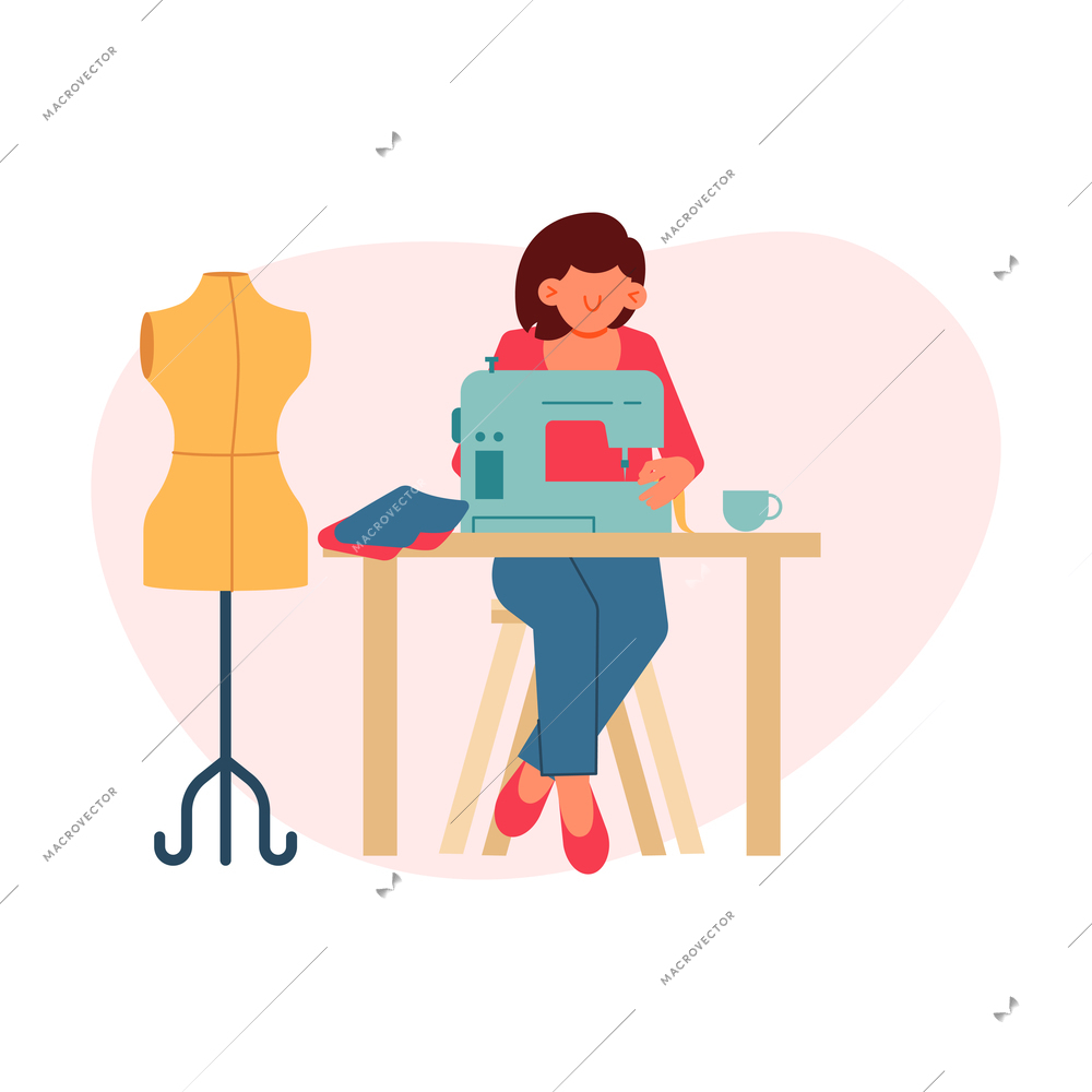 Flat tailor working on sewing machine vector illustration