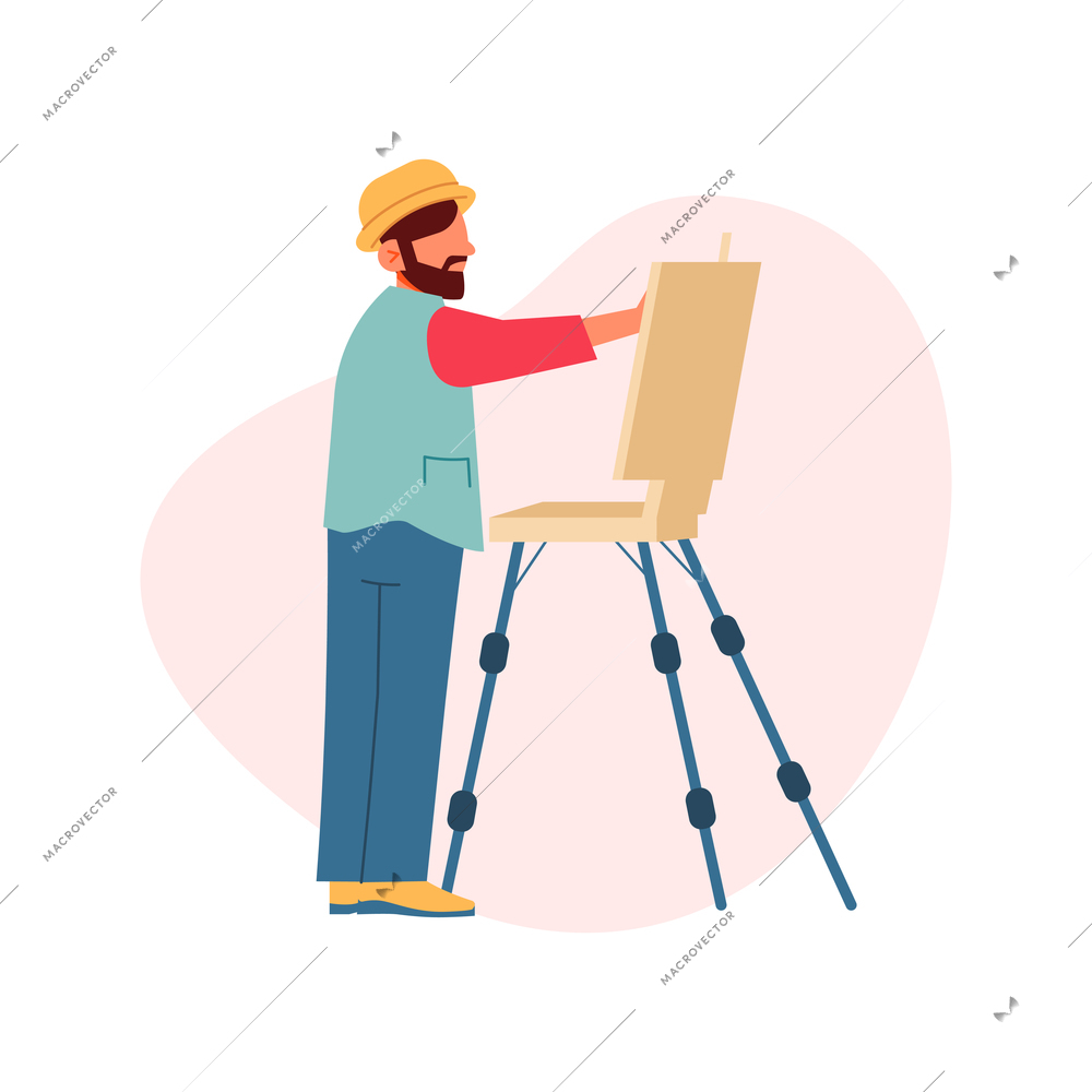 Male painter wearing beret with easel on white background flat vector illustration