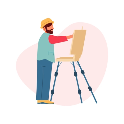 Male painter wearing beret with easel on white background flat vector illustration