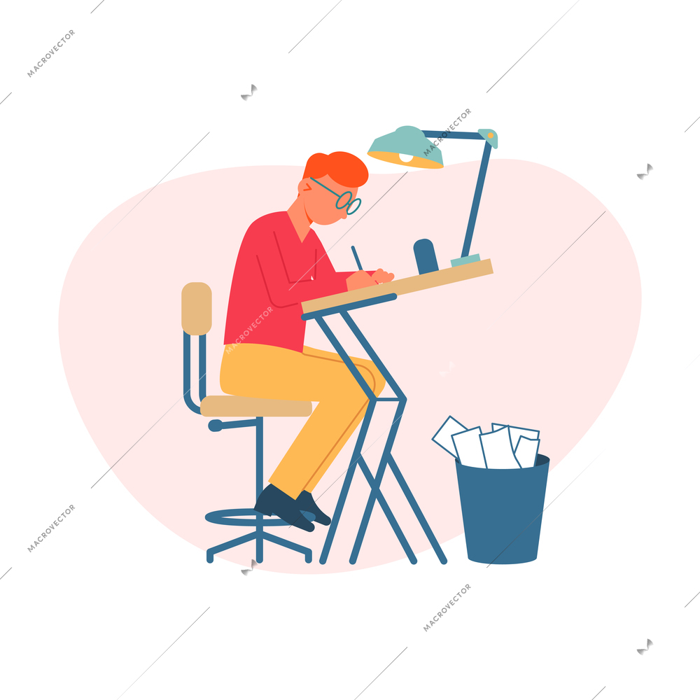 Male writer in glasses writing at his desk flat vector illustration