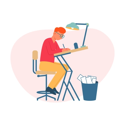 Male writer in glasses writing at his desk flat vector illustration