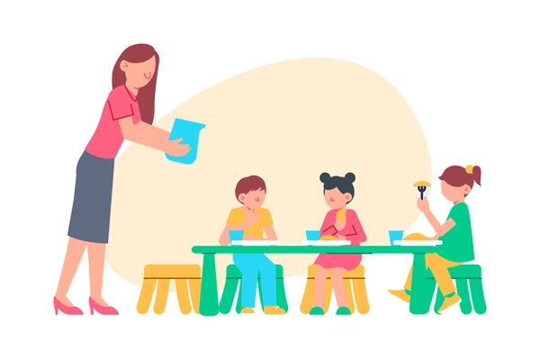 Kids having breakfast in kindergarten flat vector illustration