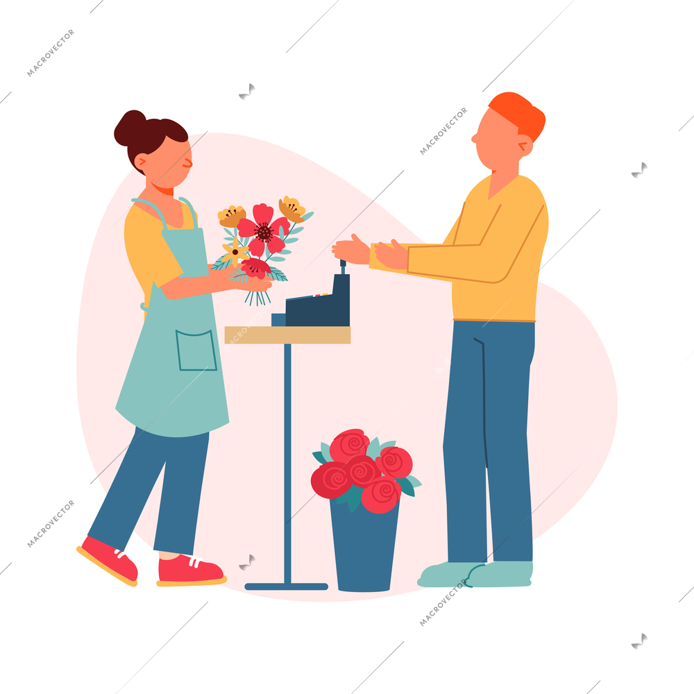 Florist making bunch of flowers for male customer flat vector illustration