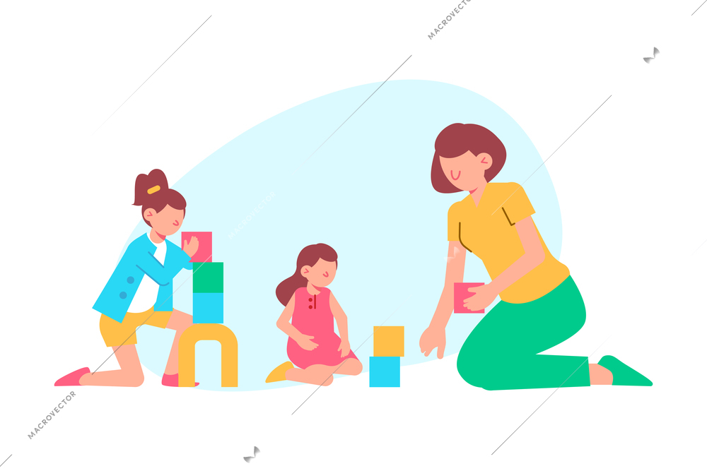 Kids playing with colorful blocks with their nurse in kindergarten flat vector illustration