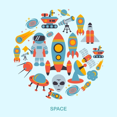 Space and astronomy icons flat set of rocket satellite earth alien vector illustration