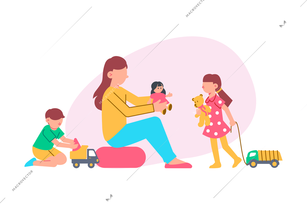 Small children and kindergarten nanny playing with toys flat vector illustration