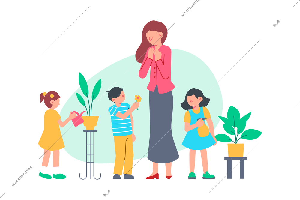 Flat kindergarten composition with nursery teacher and kids watering plants vector illustration