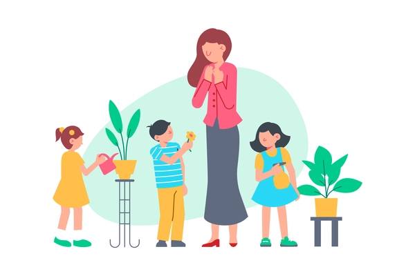 Flat kindergarten composition with nursery teacher and kids watering plants vector illustration