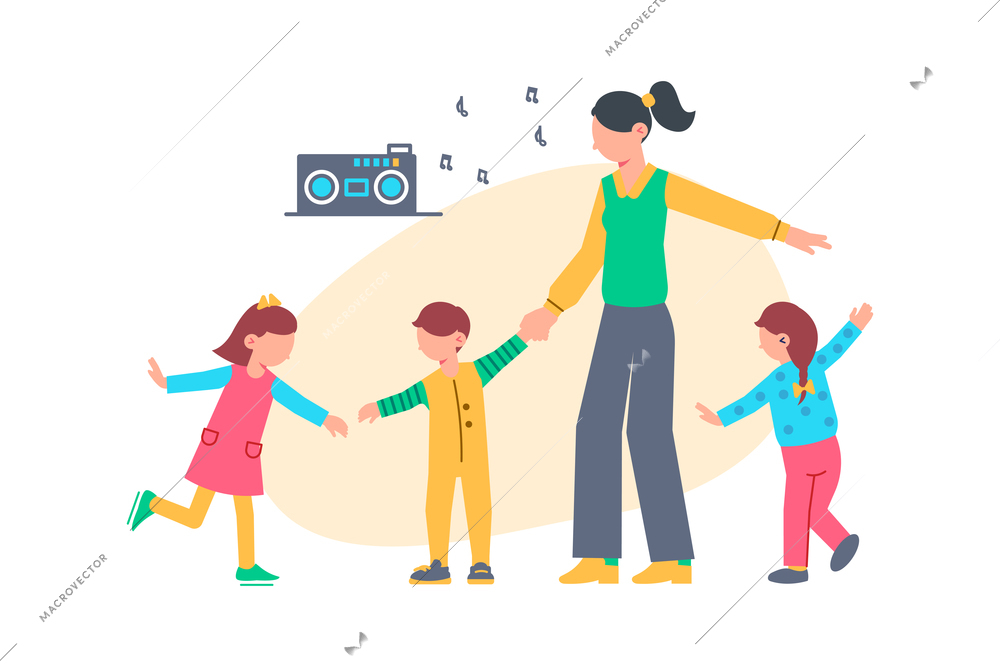 Flat composition with kindergarten nurse and children dancing vector illustration