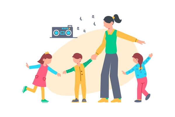 Flat composition with kindergarten nurse and children dancing vector illustration