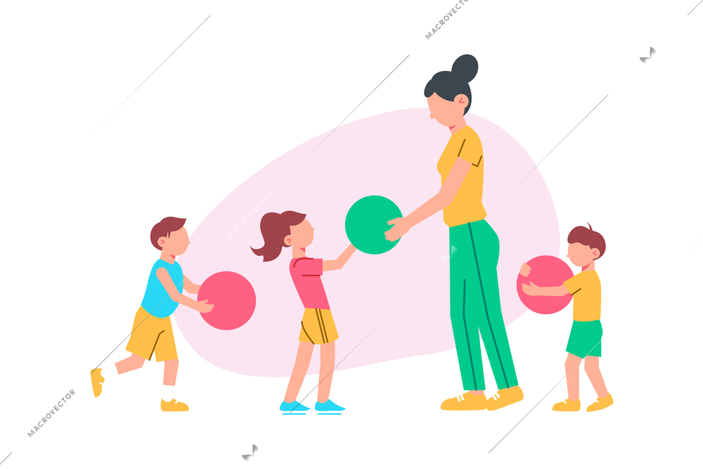 Three children and their nanny playing with ball in kindergarten flat vector illustration