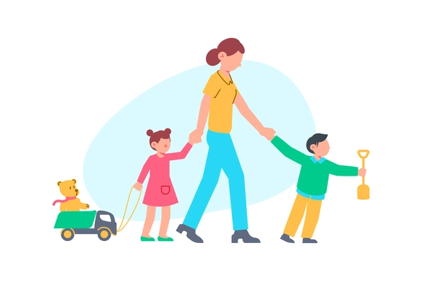 Two kids and nanny in kindergarten flat vector illustration
