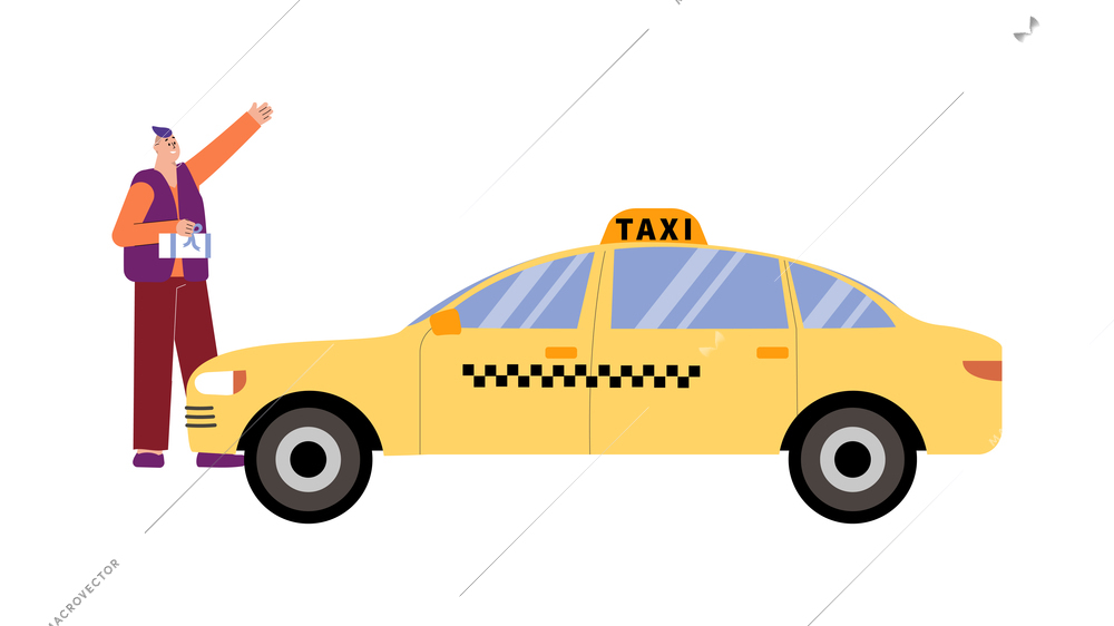Smiling person hailing taxi flat vector illustration