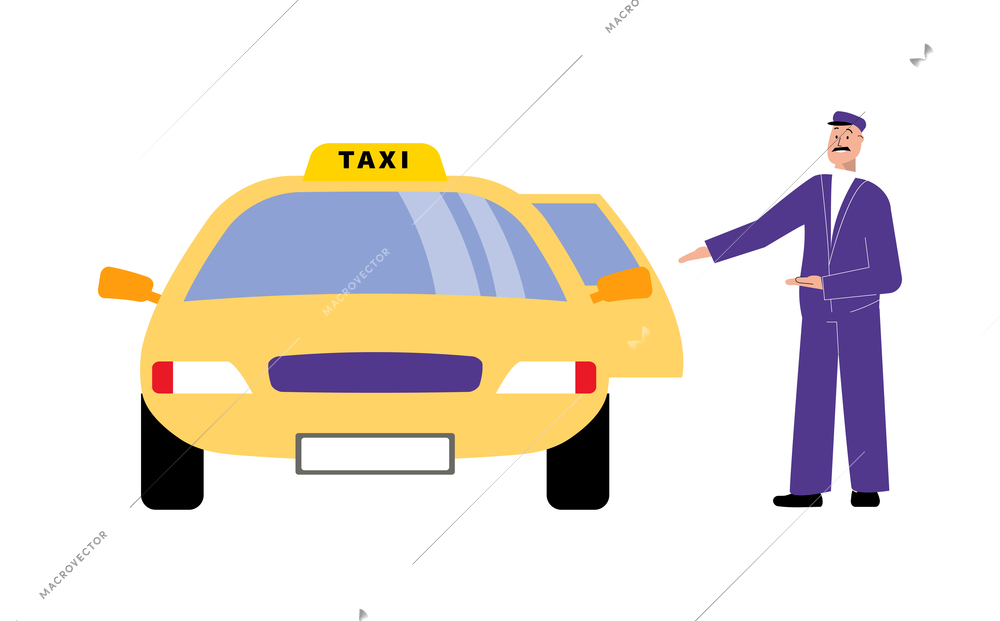 Friendly driver asking out to take taxi flat vector illustration