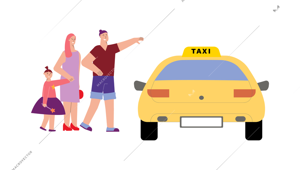 Family with child taking taxi flat isolated vector illustration