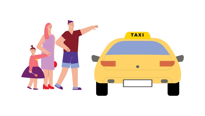 Family with child taking taxi flat isolated vector illustration