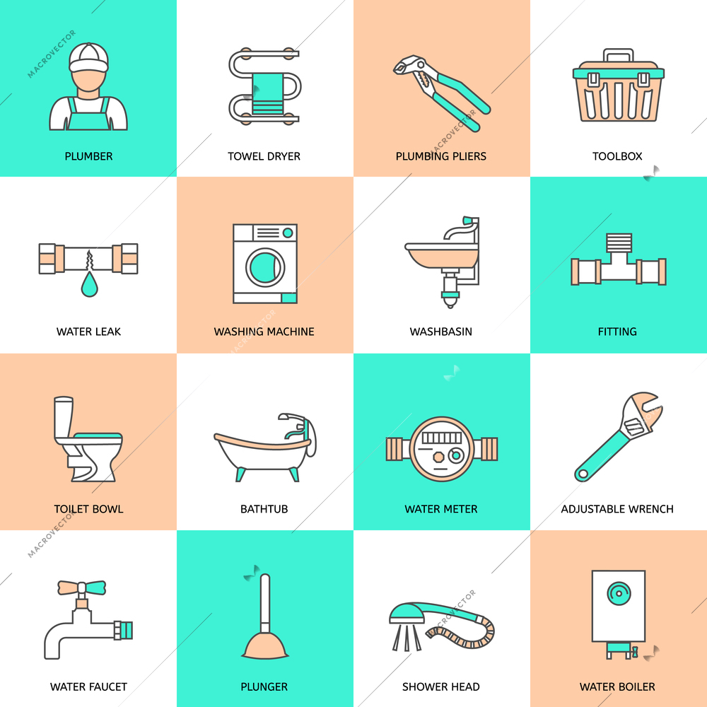 Plumbing service water fixtures icons flat line set isolated vector illustration