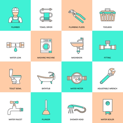 Plumbing service water fixtures icons flat line set isolated vector illustration