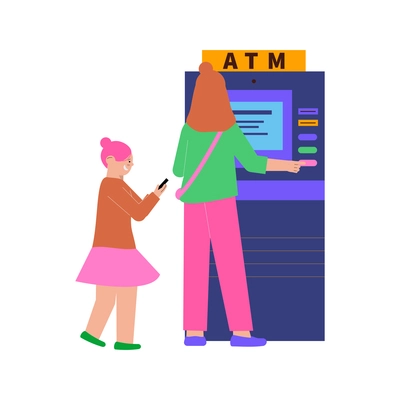 Woman and girl using bank atm flat vector illustration