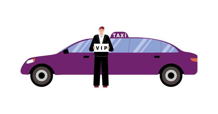 Luxurious vip car taxi and driver on white background flat vector illustration