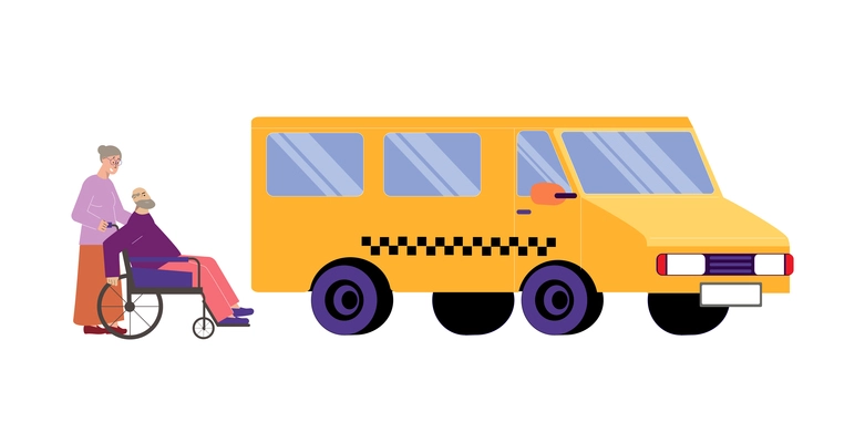 Big taxi car for disabled person on wheelchair flat vector illustration
