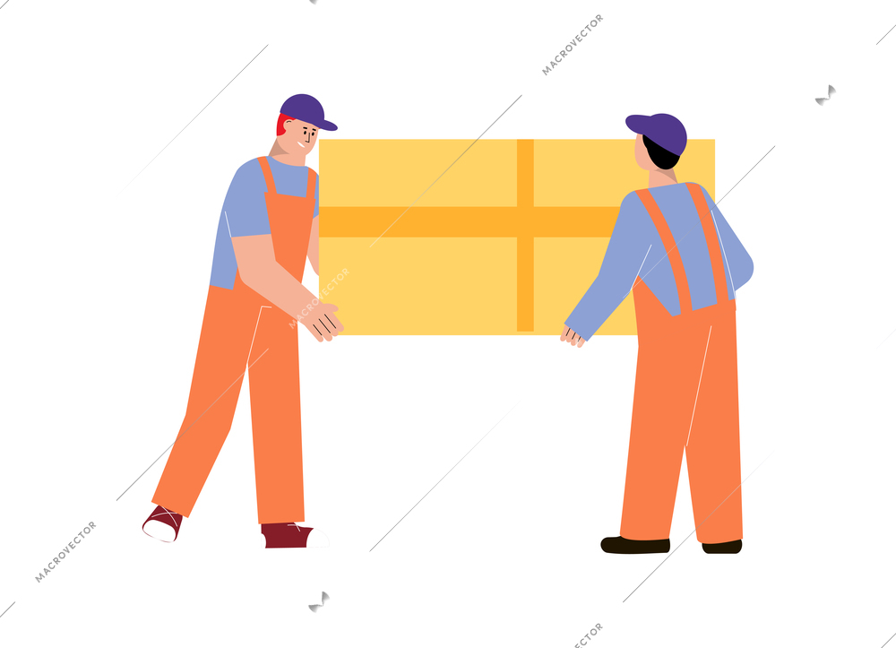 Two workers in uniform carrying big box flat vector illustration