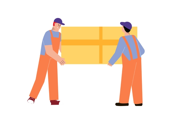 Two workers in uniform carrying big box flat vector illustration