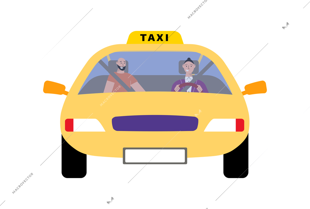 Flat design icon with front view taxi driver and passenger vector illustration